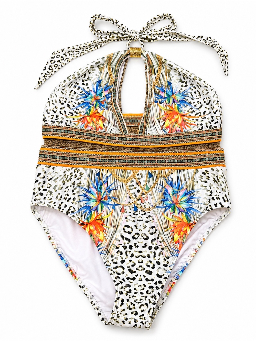 Tropical Floral & Leopard Print Halter two Piece Swimsuit - White